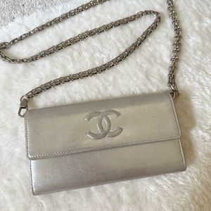 Chanel Timeless Shiny Calfskin Silver Wallet on chain
